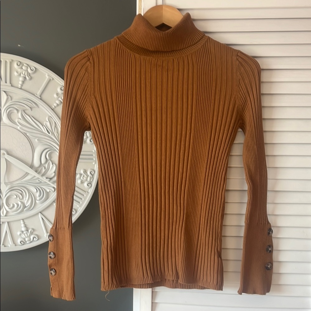 Ribbed Turtleneck Sweater with Button Detail